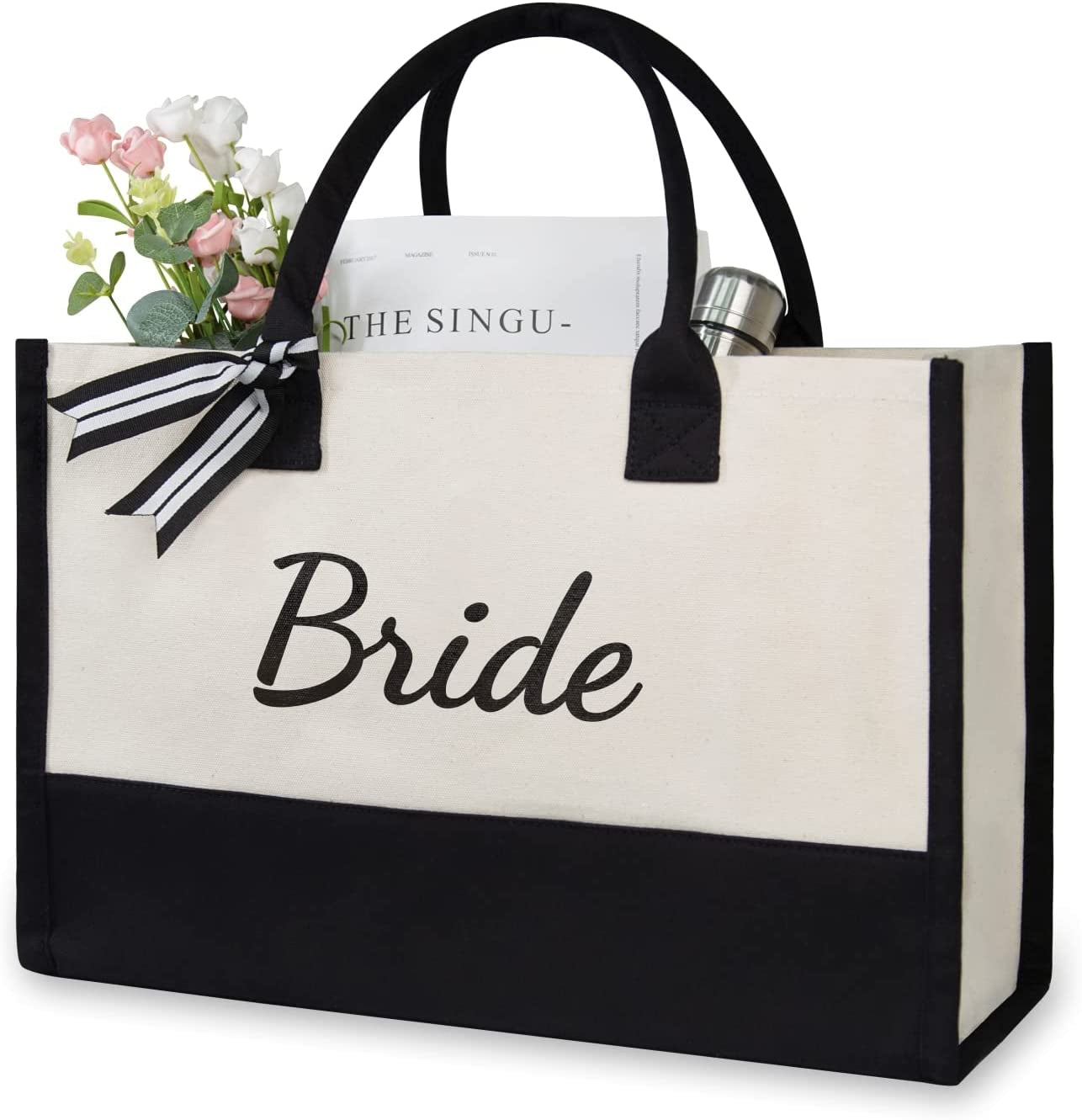 Canvas Tote Bag for Bride, Personalized Bride Gifts for Wedding Bridal Shower Bachelorette Party Engagement Honeymoon, Bridal Accessories Newlyweds Present