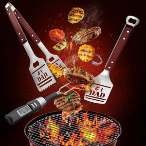 BBQ Grill Tools Set Gift for Dad, 4 Piece Set, Number 1 Dad Tongs, Spatula, Digital Thermometer and Case
